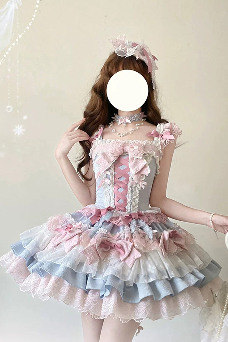 Blue/Pink [Honey Sweet Tart] Square Collar Sleeveless Multi-Layered Jacquard Ruffled Bow Lace Lace-Up Lolita Jsk Dress - Product - 2