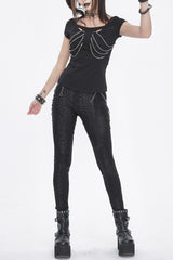 Black Jacquard Print Stitching Lace Women's Punk Pants - Black - 1