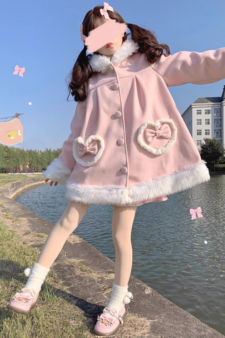 Pink Woolen Rabbit Ears Single-breasted Bowknot Sweet Princess Lolita Coat - Product - 4