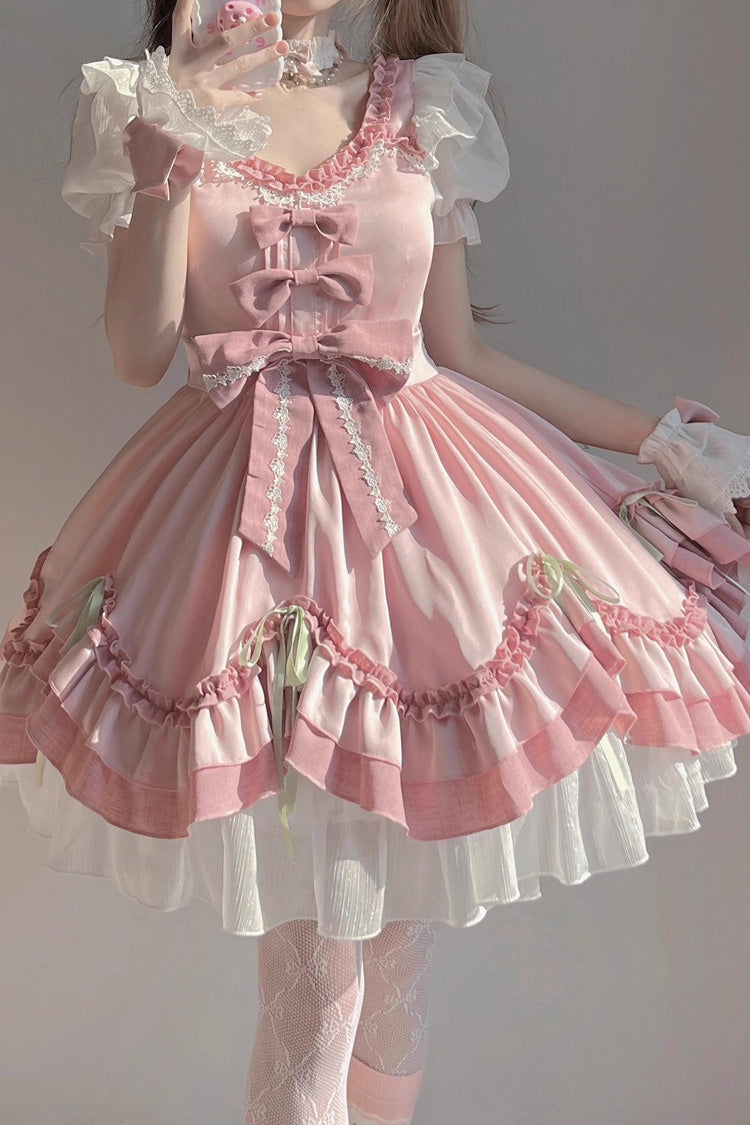White/Pink Short Sleeves Ruffle Bowknot Princess Sweet Lolita OP Dress - Product - 4