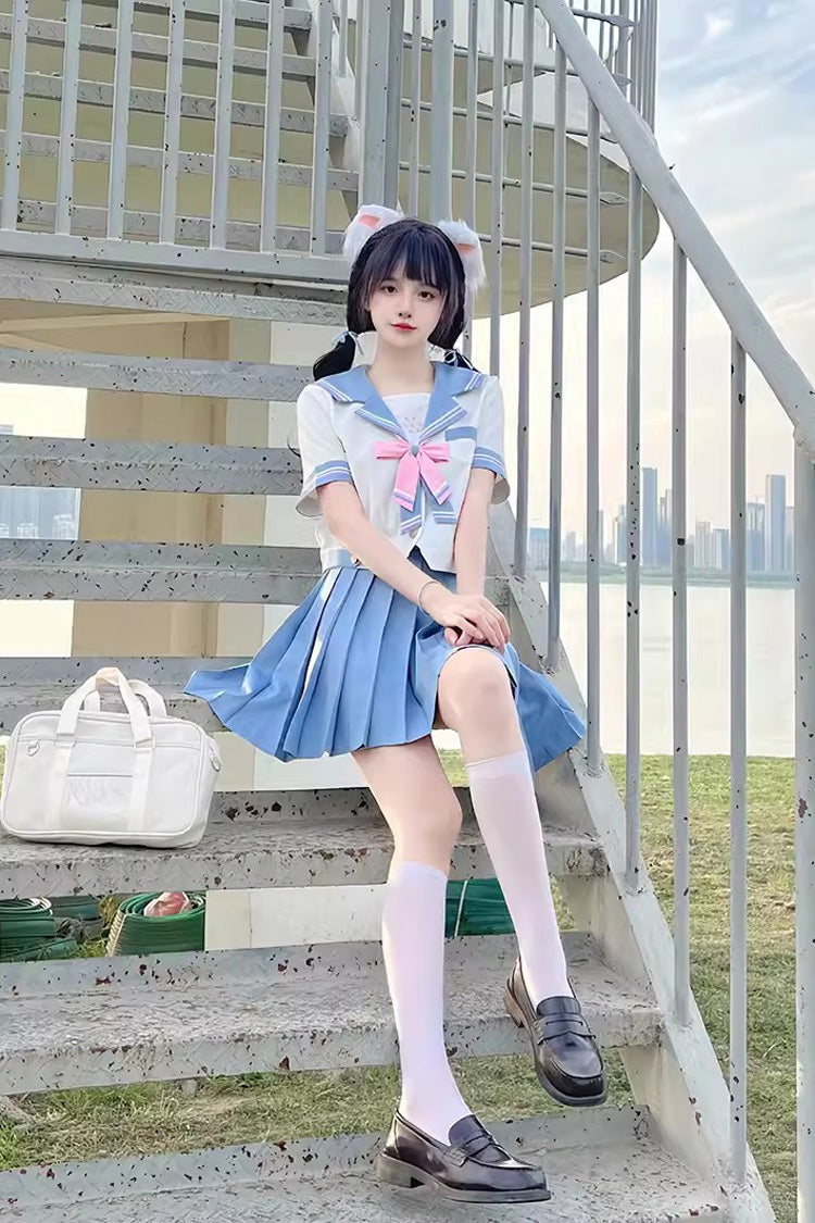 White/Blue Ruffle Bowknot Sweet Japanese School Sailor Skirt Set - Product - 2