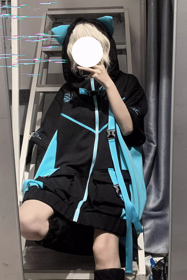 Black/Blue Chip Hacker Cyberpunk Functional Print Hooded Jirai Kei Japanese Sports Coat - Product - 6
