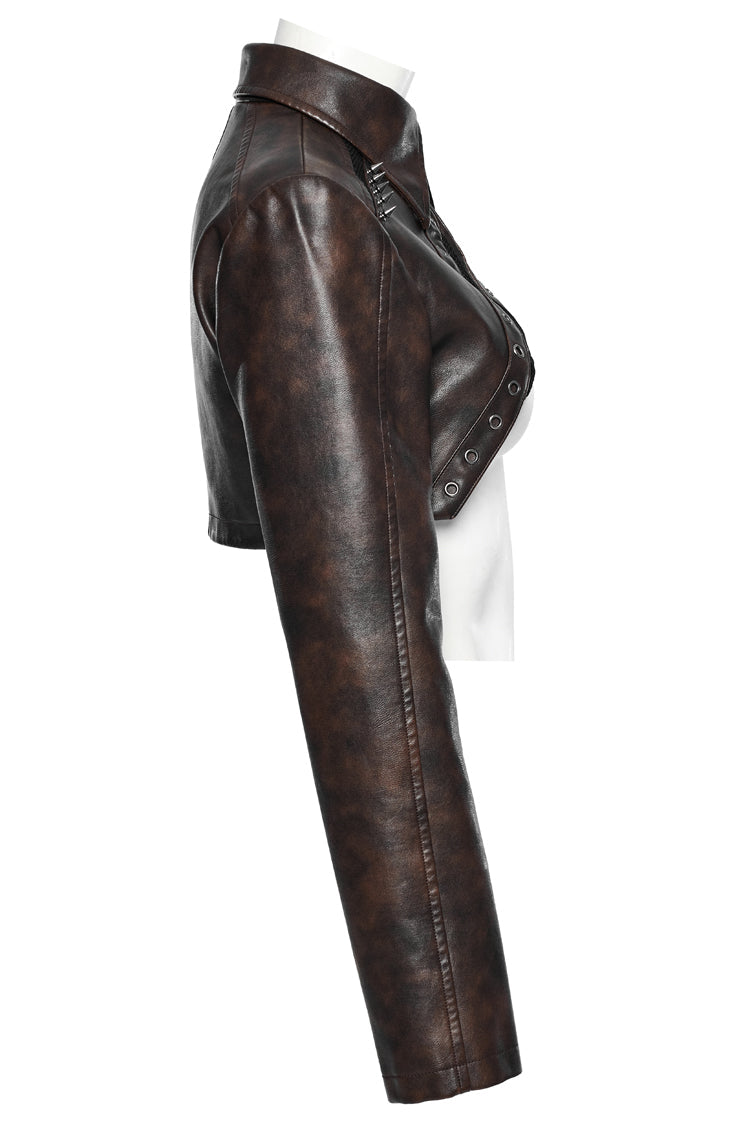Brown Lapel Collar Long Sleeves Stitching Women's Faux Leather Punk Short Jacket - Product - 6