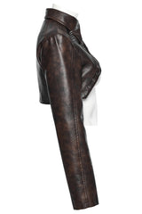 Brown Lapel Collar Long Sleeves Stitching Women's Faux Leather Punk Short Jacket - Product - 6