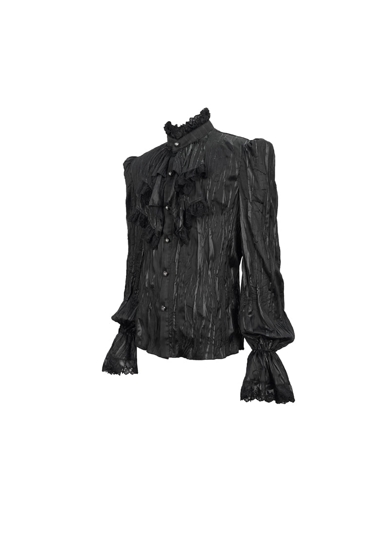 Black Vintage Stand Collar Striped Collar Floral Lace Men's Gothic Shirt - Product - 8