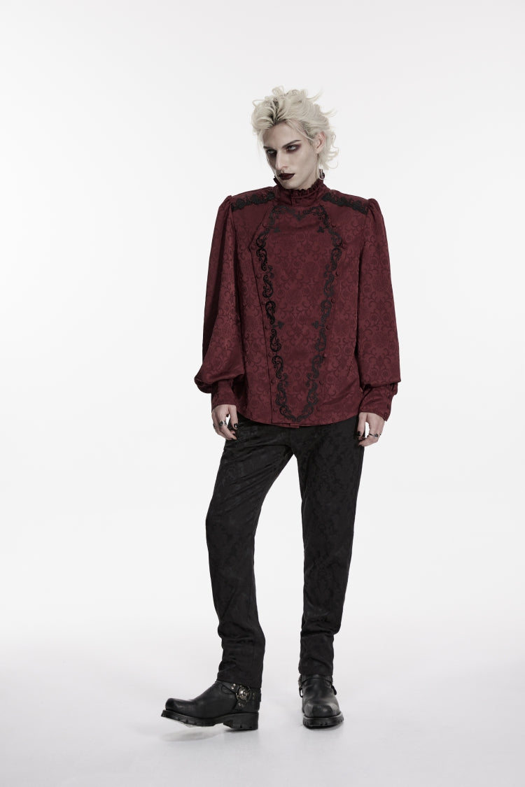 Red Stand Collar Long Lantern Sleeves Jacquard Embroidered  Men's Gothic Palace Shirt with Detachable Tie - Product - 10