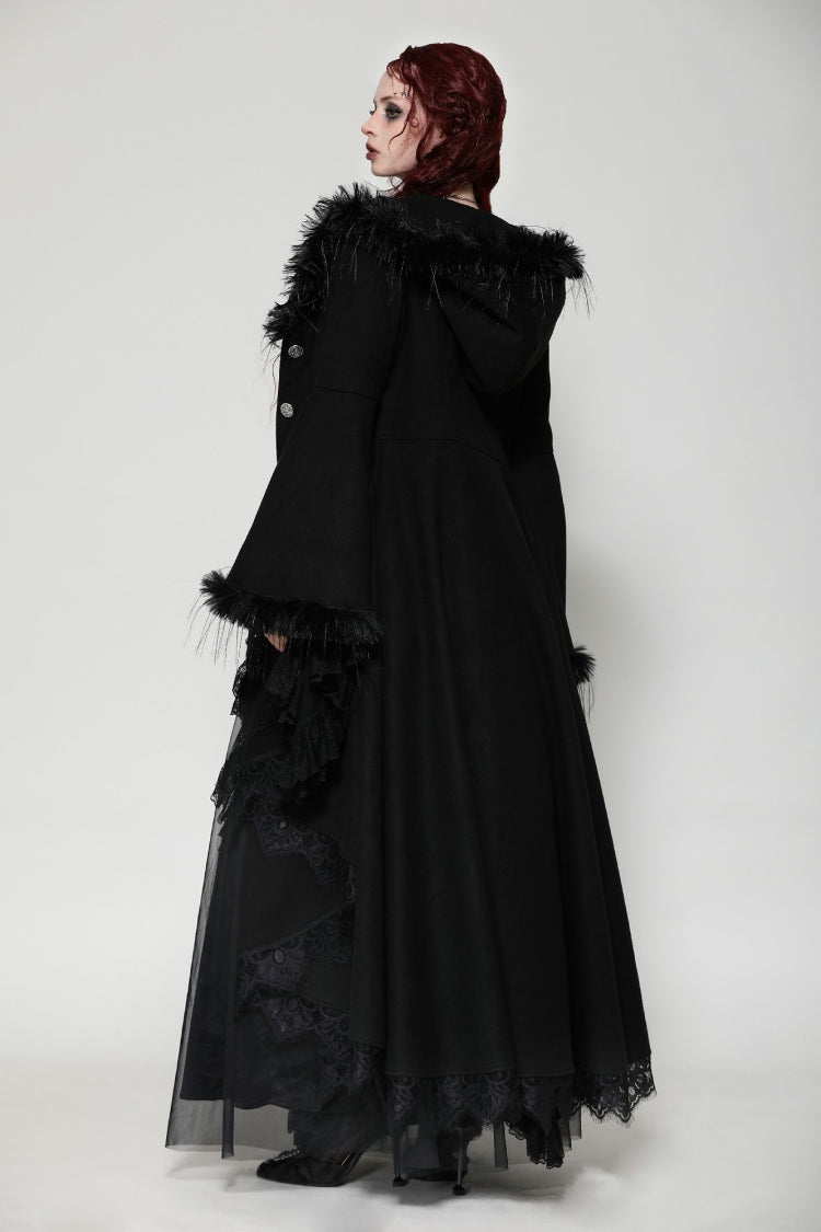 Black Long Bell Sleeves Lace Button Women's Gothic Romantic Coat with Hood - Product - 9