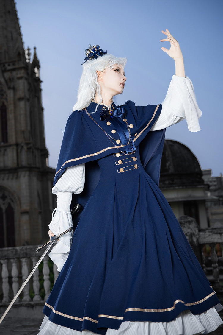 Blue [Eternal Crown] Stand Collar Long Lantern Sleeves Ruffled Color-Blocked Faux Two-Piece Classic Royal Lolita Dress 2 Versions - Product - 20