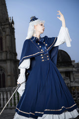 Blue [Eternal Crown] Stand Collar Long Lantern Sleeves Ruffled Color-Blocked Faux Two-Piece Classic Royal Lolita Dress 2 Versions - Product - 20
