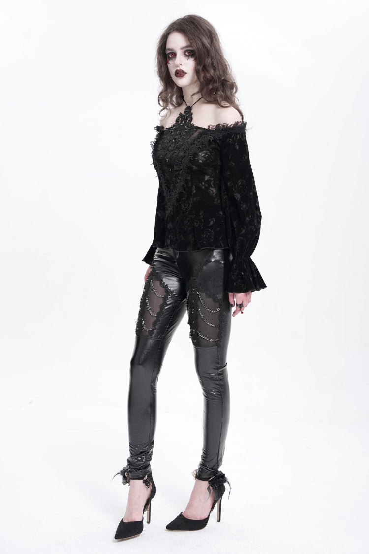 Black Off Shoulder Hollow Embroidery Women's Gothic Blouse - Product - 9