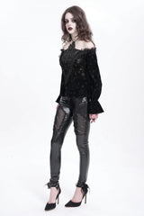 Black Off Shoulder Hollow Embroidery Women's Gothic Blouse - Product - 9