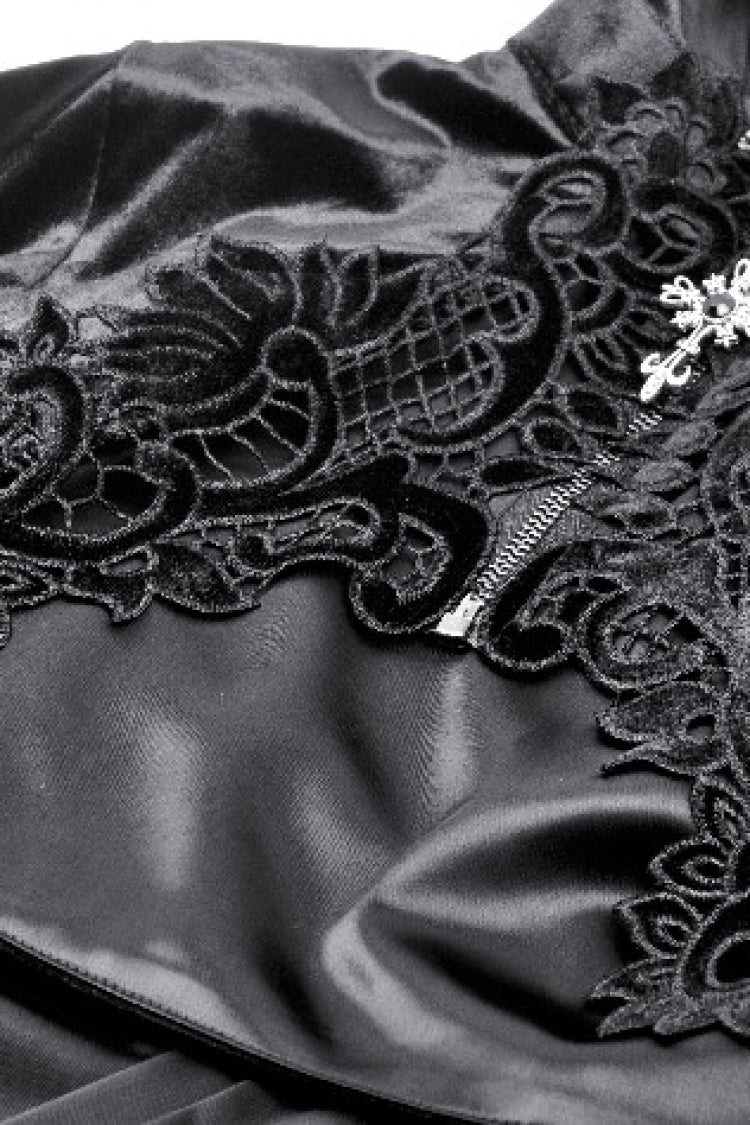 Black Cross Zippered Floral Embroidered Women's Gothic Cloak with Hood - Product - 15