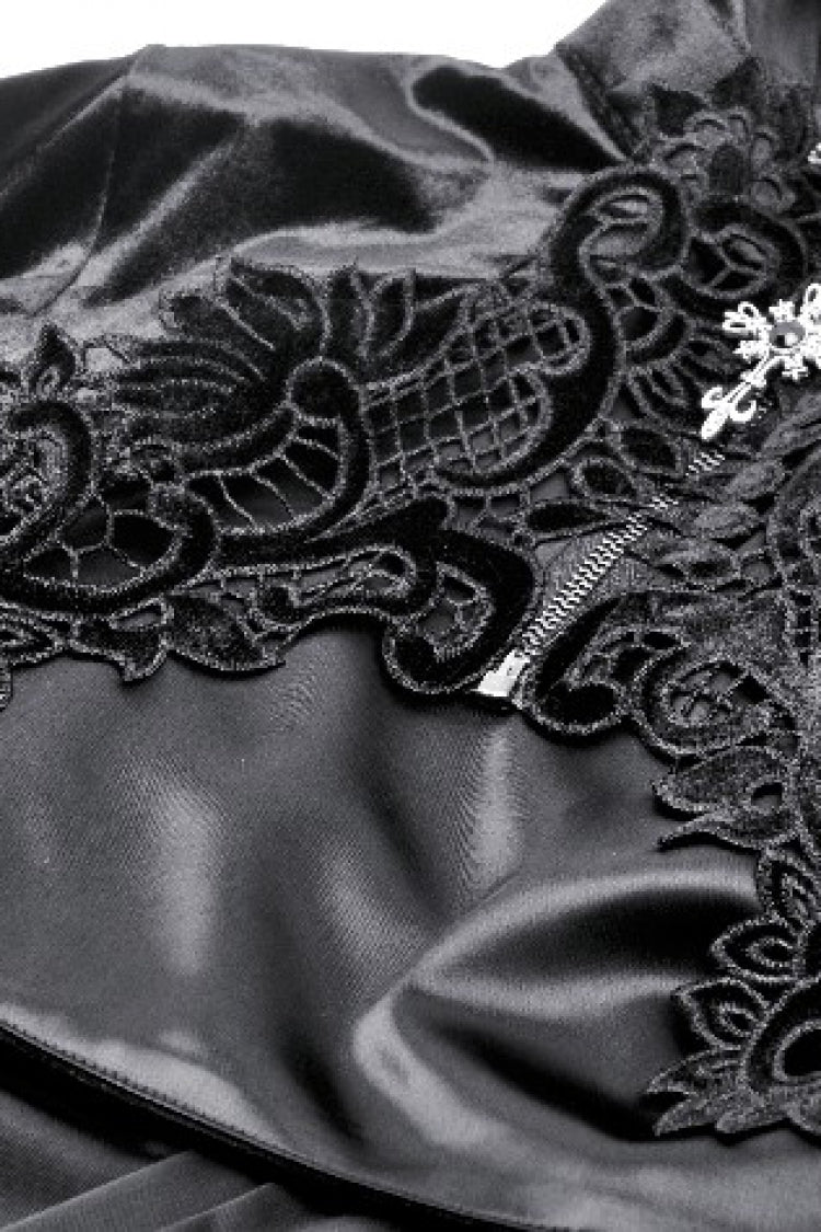 Black Cross Zippered Floral Embroidered Women's Gothic Cloak with Hood - Product - 15