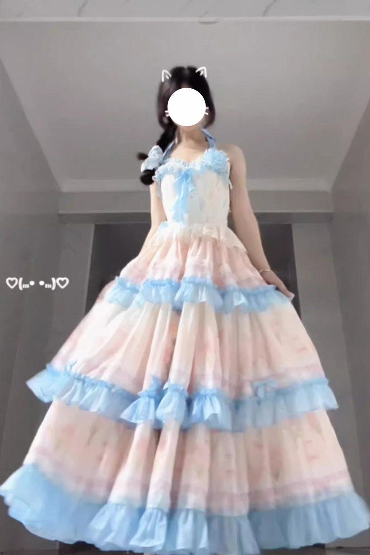 Blue/Pink [Meet the Sea] Triple-Layered Print Backless Ruffle Sweet Lolita Dress - Blue/Pink - 1
