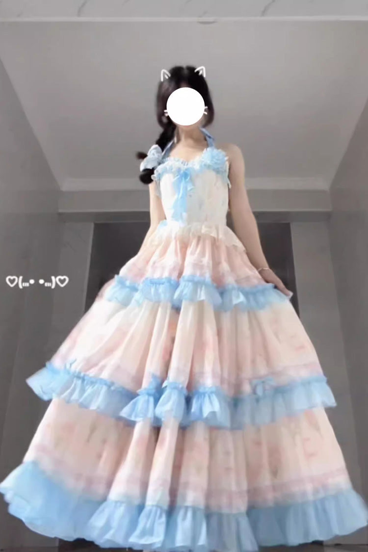 Blue/Pink [Meet the Sea] Triple-Layered Print Backless Ruffle Sweet Lolita Dress - Blue/Pink - 1