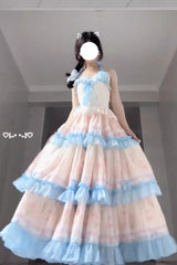 Blue/Pink [Meet the Sea] Triple-Layered Print Backless Ruffle Sweet Lolita Dress - Blue/Pink - 1