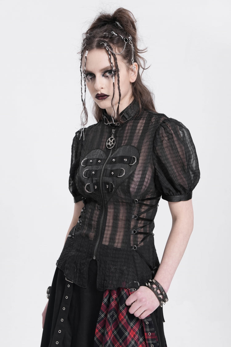 Black Stand Collar Short Puff Sleeves Sheer Mesh Women's Gothic Blouse - Product - 3