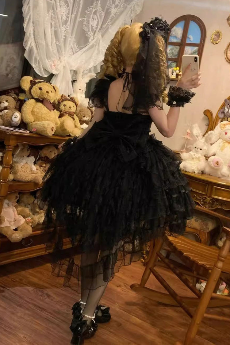 Black [Ballad of Feathers] Sleeveless Multi-Layered Ruffle Hanayome Bowknot Gothic Lolita Jsk Dress - Product - 9