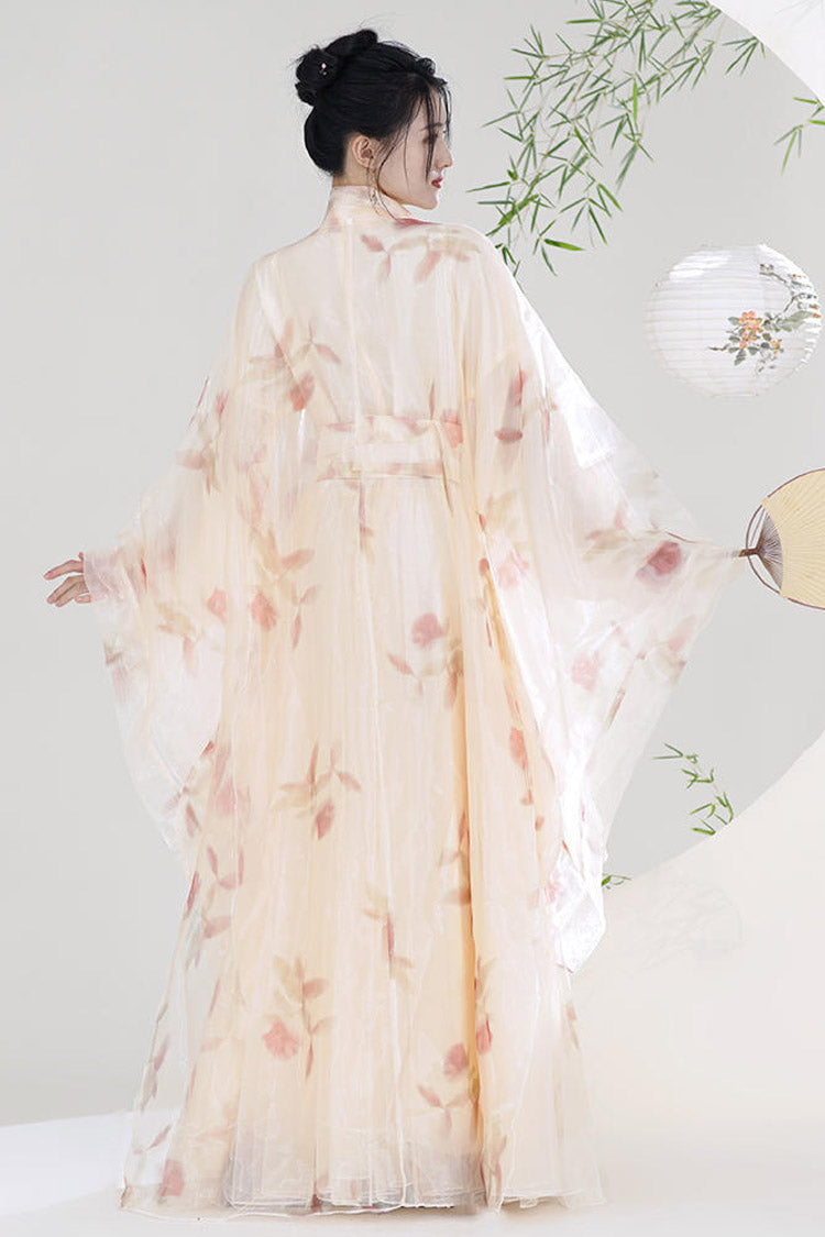 Orange V Collar High Waisted Print Sweet Chinese Style Hanfu Dress Full Set - Product - 5