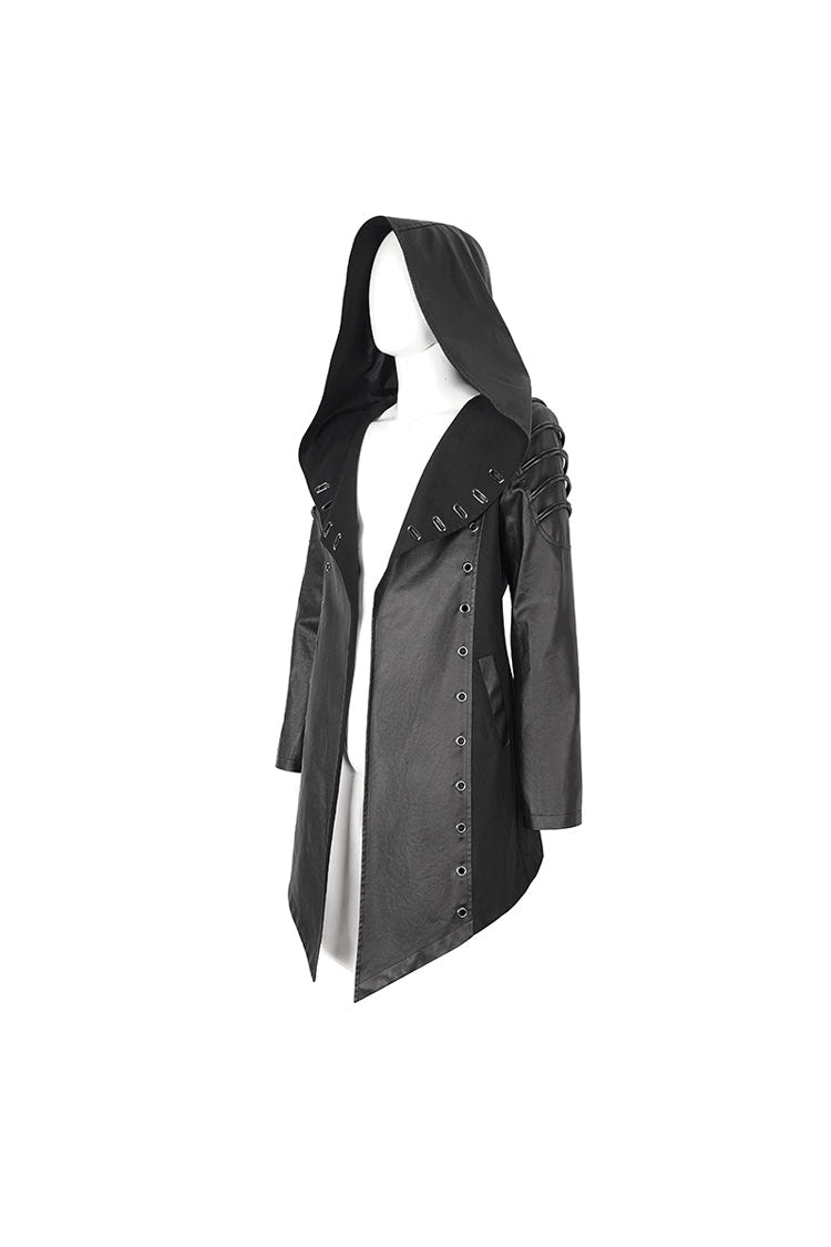 Black Irregular Eyelet Men's Gothic Jacket With Hood - Product - 10