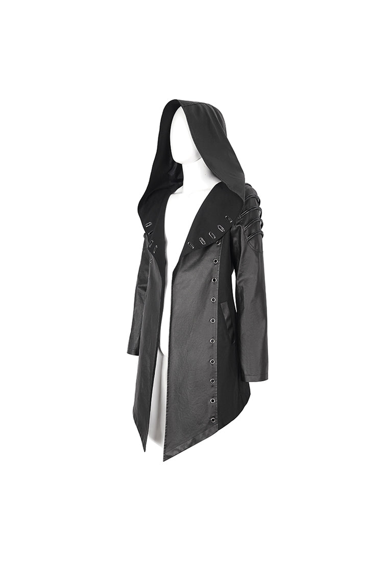 Black Irregular Eyelet Men's Gothic Jacket With Hood - Product - 10