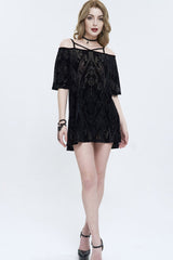Black Print Front Long Back Side Slit Off The Shoulder Women's Punk Dress - Product - 8