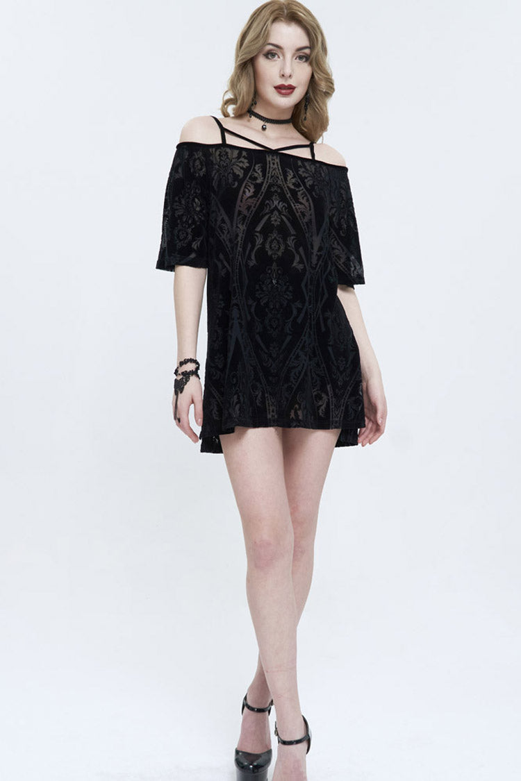 Black Print Front Long Back Side Slit Off The Shoulder Women's Punk Dress - Product - 8
