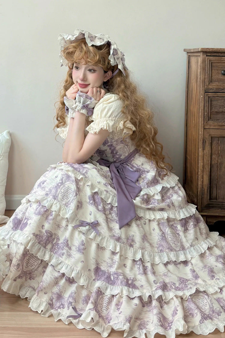 Purple [Grape Moon Almanac] Sleeveless Multi-Layered Printed Ruffled Bow Adjustable-Length Sweet Lolita Jsk Dress - Product - 9