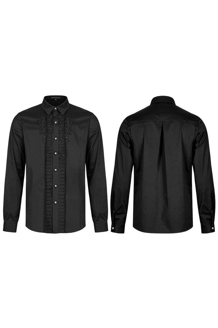 Black Gothic Delicate Decals Placket Pleated Ruffle Long Sleeve Men's Shirt - Product - 5