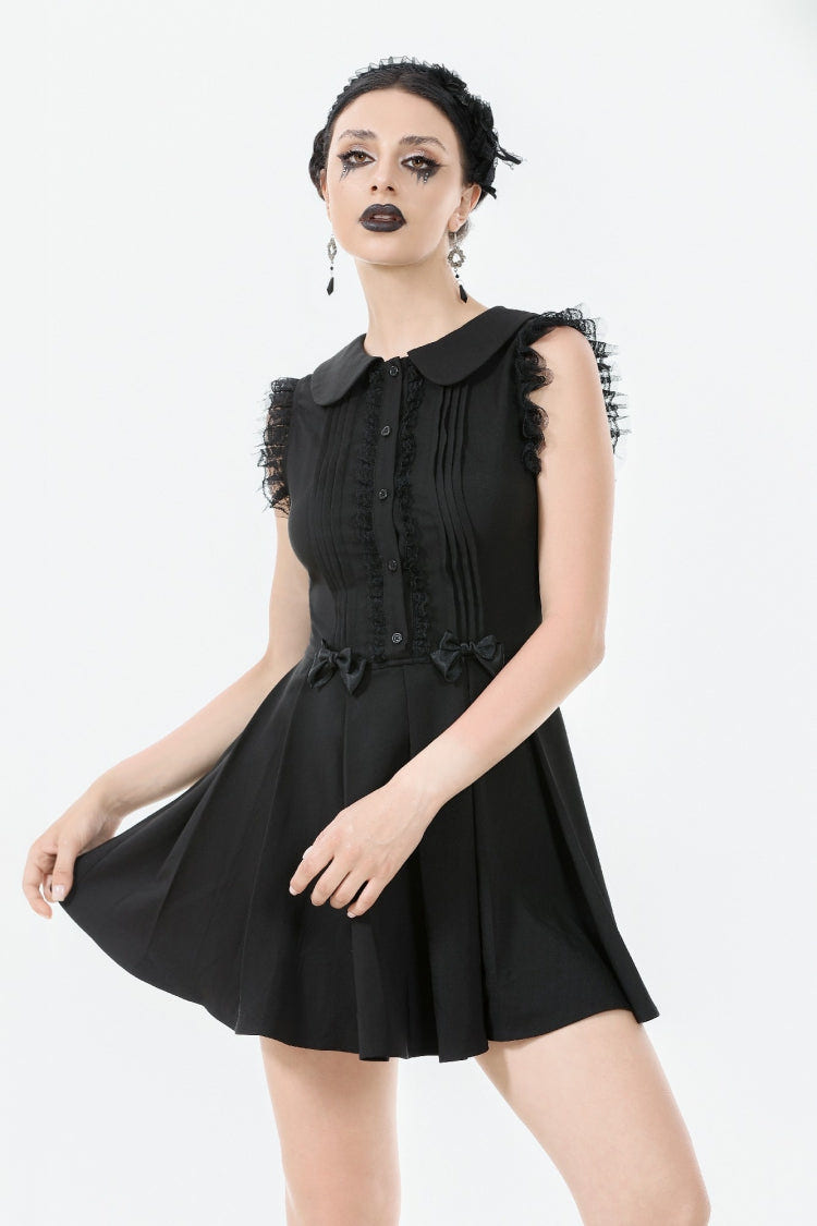 Black Peter Pan Collar Sleeveless Bowknot Pleated Women's Gothic Graduation Dress - Product - 6