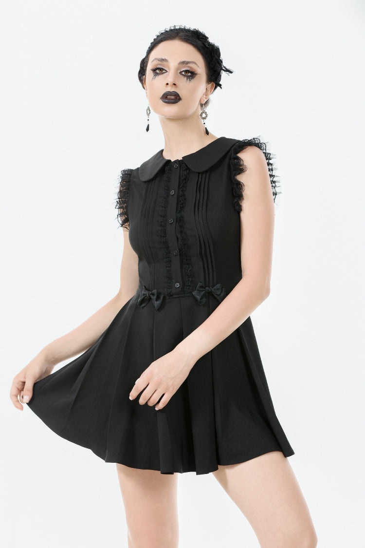 Black Peter Pan Collar Sleeveless Bowknot Pleated Women's Gothic Graduation Dress - Product - 6