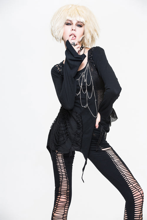 Black Sexy Asymmetrically Broken Holes Spiderweb Shape Chains Women Punk T-Shirt - Product - 3
