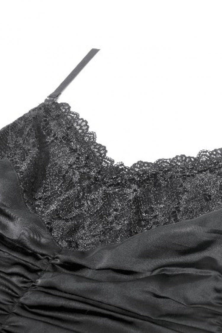Black Sleeveless Multi-Layered Lace Ruched Women's Gothic Slip Maxi Dress Wedding Dress - Product - 14
