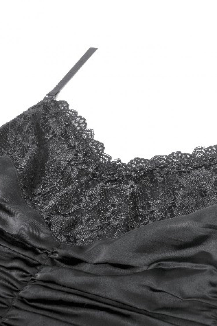 Black Sleeveless Multi-Layered Lace Ruched Women's Gothic Slip Maxi Dress Wedding Dress - Product - 14