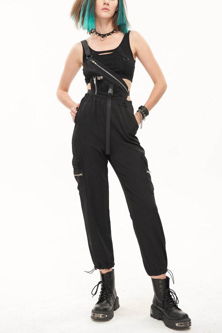 Black Punk Casual Single Shoulder Multiple Pockets Skull Head Decoration Strap Women's Pants - Black - 1