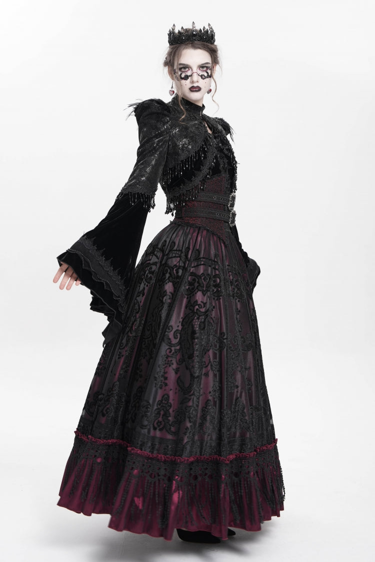 Black Long Sleeves Floral Embroidery Women's Gothic Beaded Frog Short Jacket - Product - 11