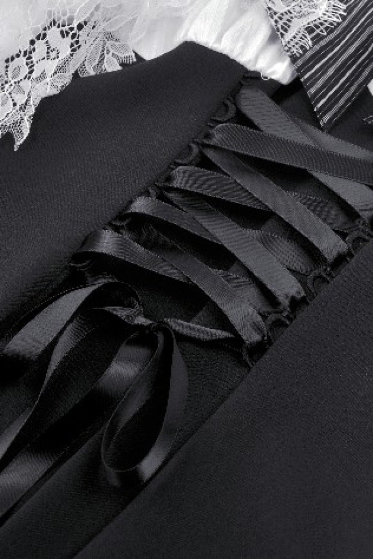 Black/White Lace High Collar Asymmetric Long Trumpet Puff Sleeves Bowknot Women's Lolita Gothic Short Dress - Product - 27