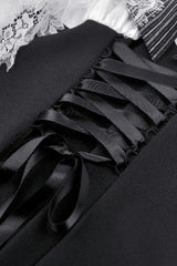 Black/White Lace High Collar Asymmetric Long Trumpet Puff Sleeves Bowknot Women's Lolita Gothic Short Dress - Product - 27