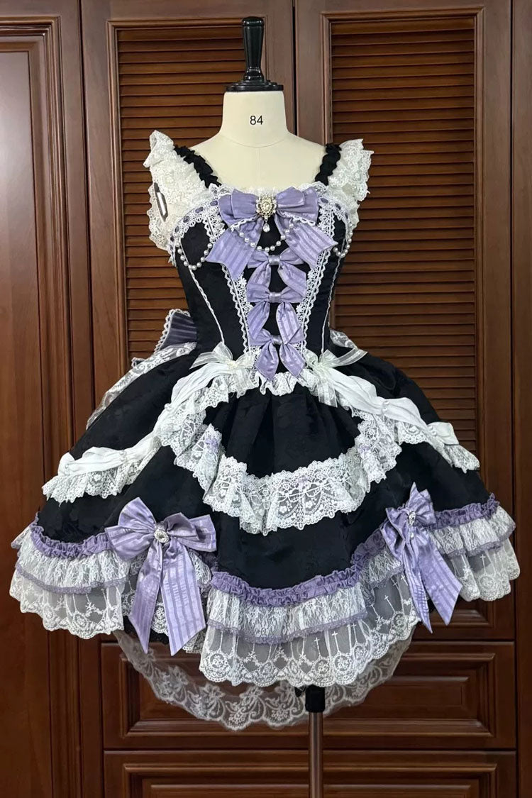 Black/Purple [Prelude of Ribbons] Square Collar Sleeveless Jacquard Ruffled Open-Front Bow Lace Pearl Detail Floral Wall Plus Size Sweet Lolita Jsk Dress - Product - 3