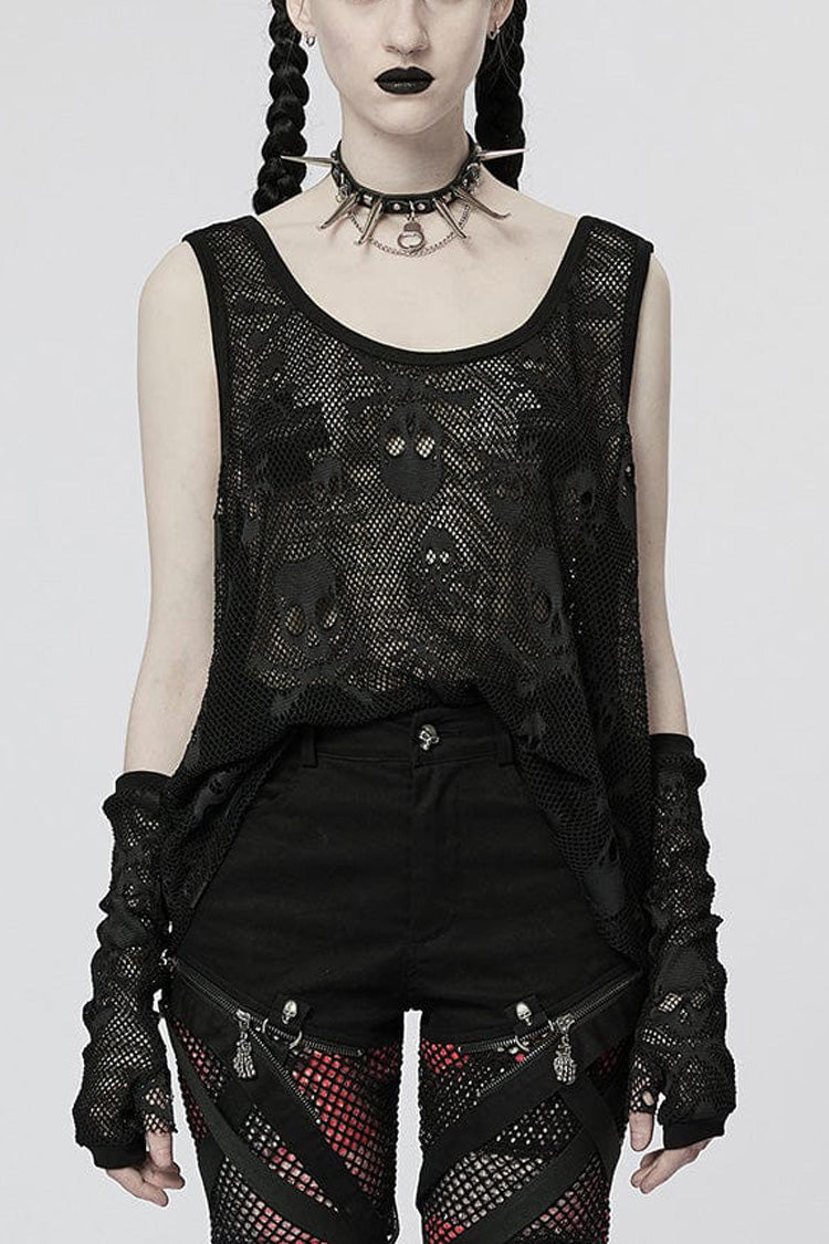 Skull Print Stitching Mesh Womens Steampunk Vest 2 Colors - Black - 1