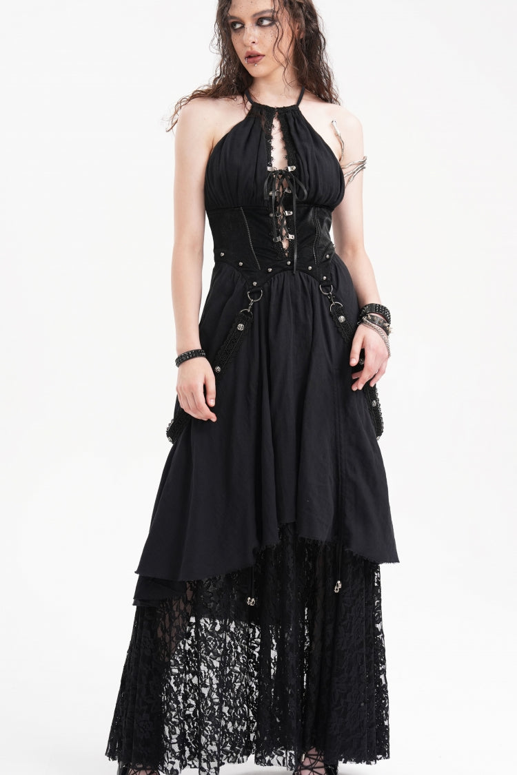 Black Halterneck Hollow Lace Women's Gothic Strap Maxi Dress - Black - 1