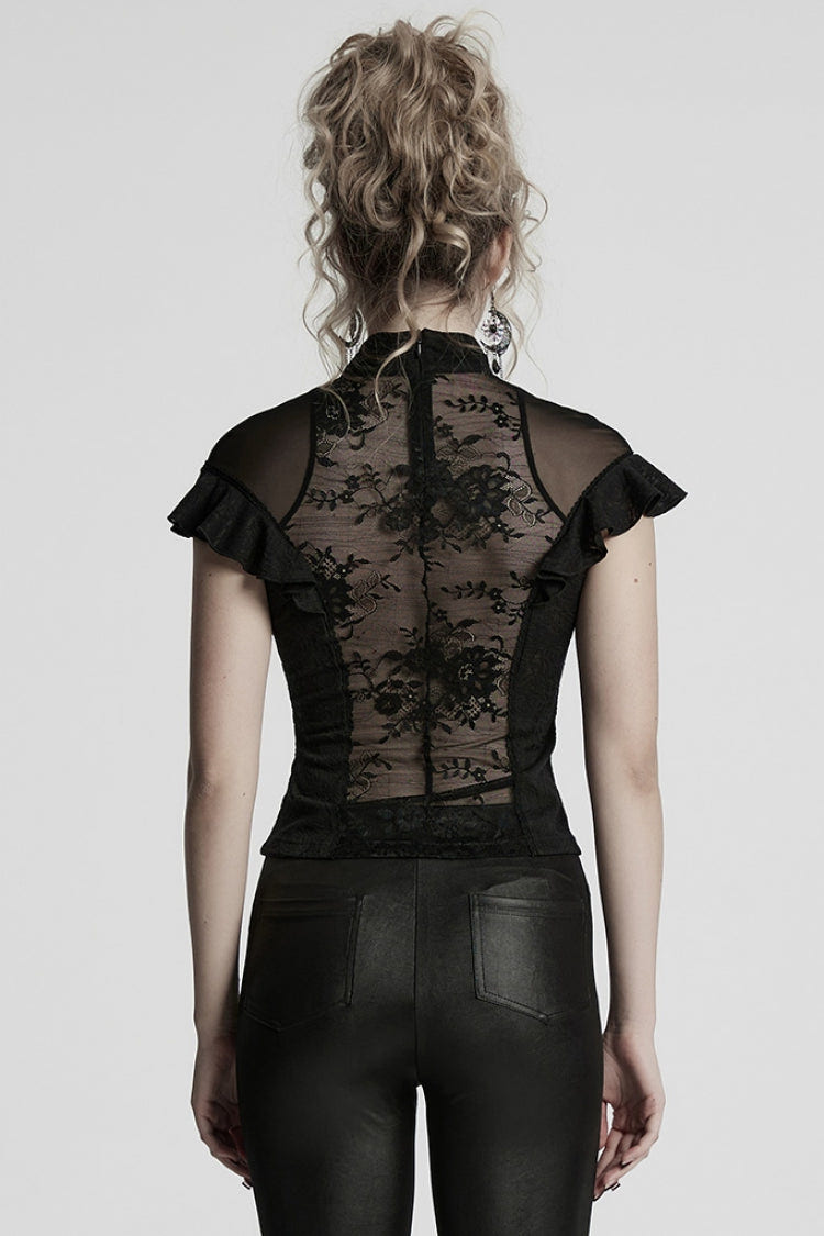 Black Stand Collar Short Sleeves Ruffle Hollow Embroidery Lace Sheer Women's Gothic Blouse - Product - 3