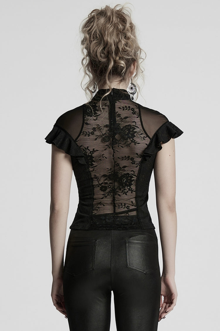 Black Stand Collar Short Sleeves Ruffle Hollow Embroidery Lace Sheer Women's Gothic Blouse - Product - 3