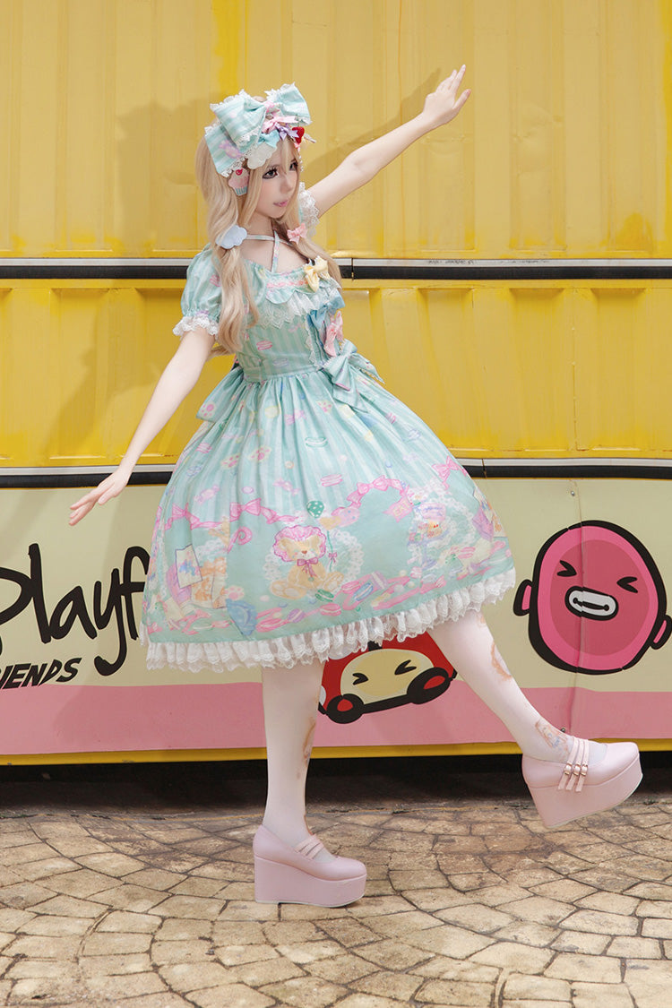 Green [Macarons Dolly House] Square Collar Short Lantern Sleeves Printed Bow Sweet Lolita Dress - Product - 4