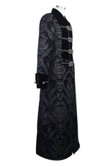 Black Gothic Patterned Metal Buttons Mens Velveteen Long Coat - Product - 5