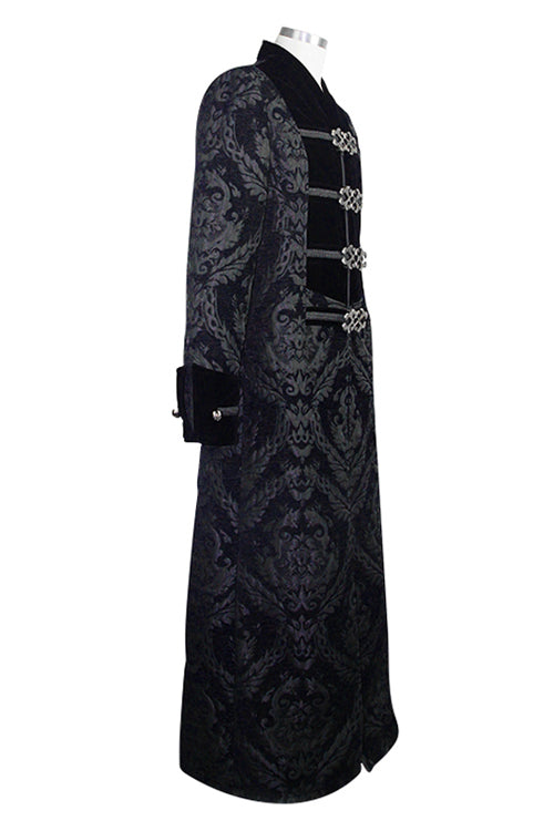 Black Gothic Patterned Metal Buttons Mens Velveteen Long Coat - Product - 5