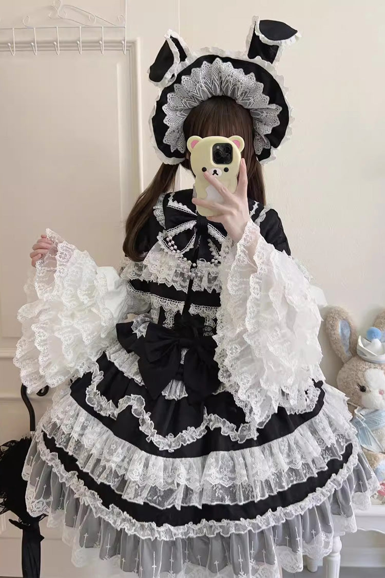 Black [Love and Heart Flutter] Sleeveless Multi-Layered Ruffle Bowknot Lace Pearl Sweet Lolita Jsk Dress - Product - 5