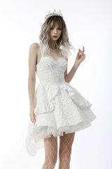 White Sleeveless High/Low Multi-Layered Jacquard Lace Lace-Up Women's Gothic Slip Wedding Graduation Dress - White - 1
