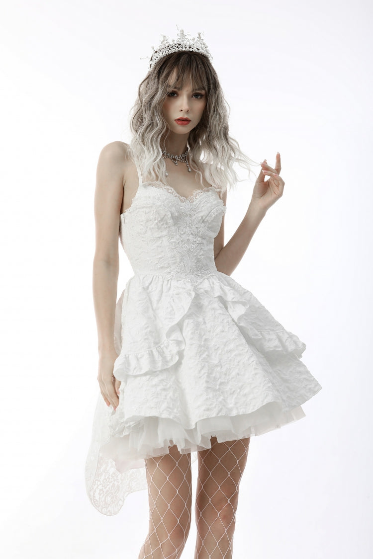 White Sleeveless High/Low Multi-Layered Jacquard Lace Lace-Up Women's Gothic Slip Wedding Graduation Dress - White - 1