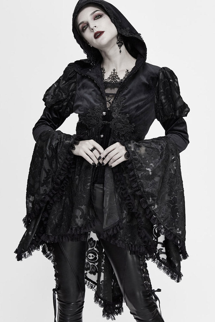 Black Knit Velvet Hooded Front Chest Decals Metal Retro Button Lace Cuff Women's Gothic Coat - Product - 7